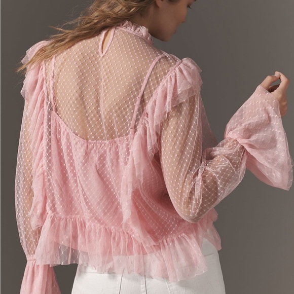 NWT Anthropologie Pink Ruffle Longsleeve Top - Picture 2 of 3